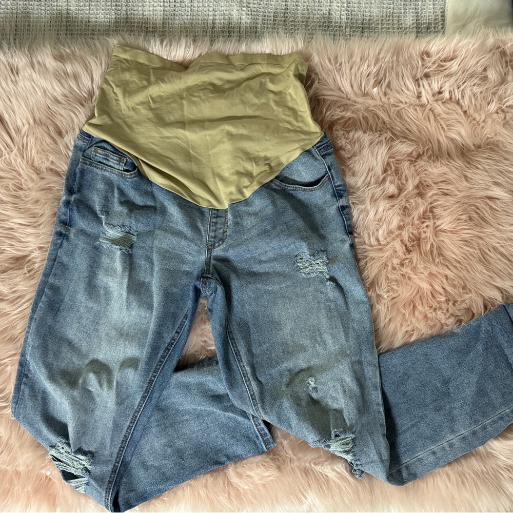 Maternity Distressed Blue Jeans with Khaki Panel